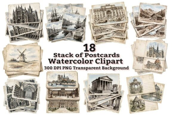 Download Vintage Travel Postcard Stack Clipart - Card Collection